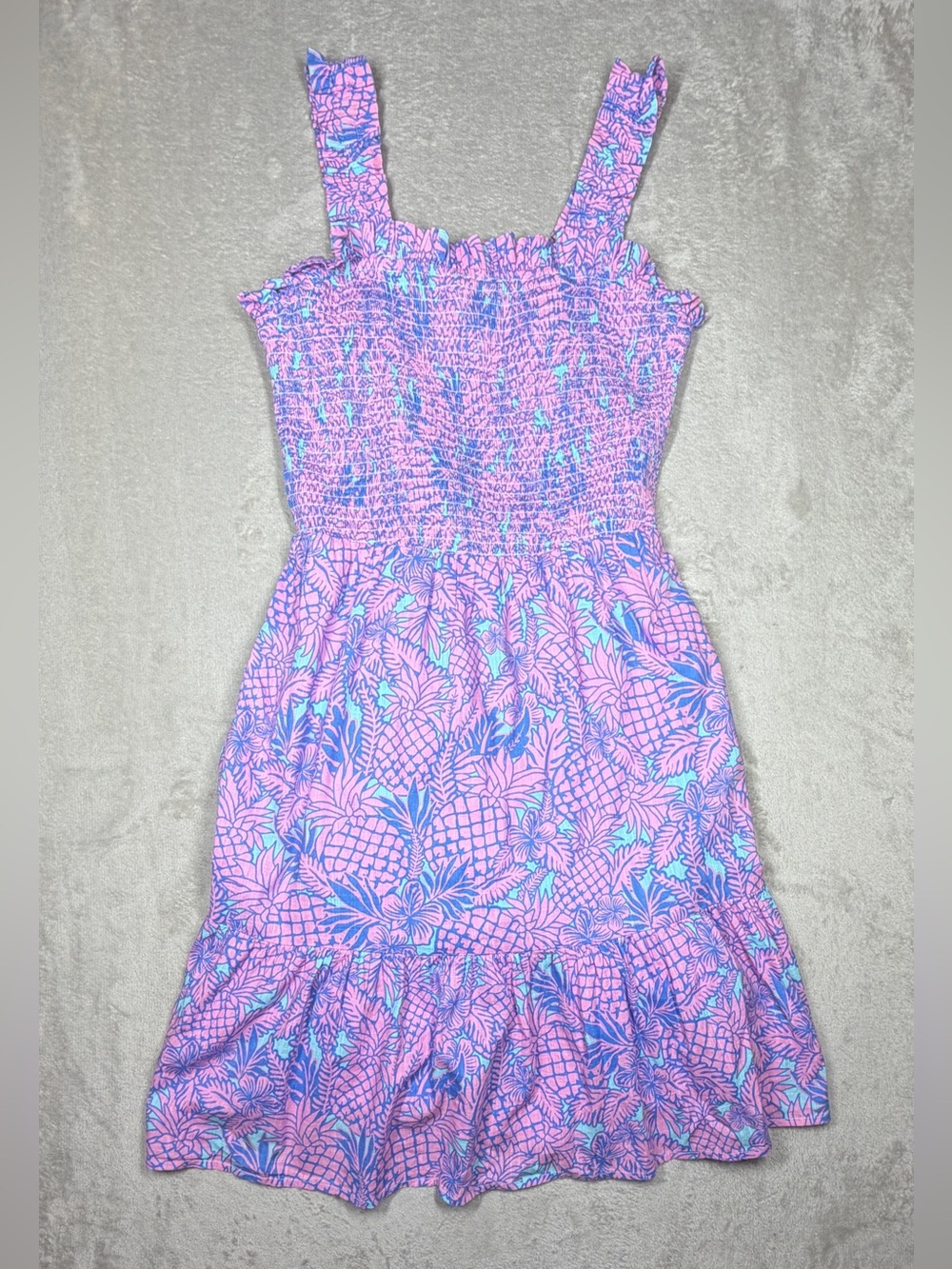 Vineyard Vines Women’s Pineapple Tropical Floral Purple Blue Ruffle Mini Dress S